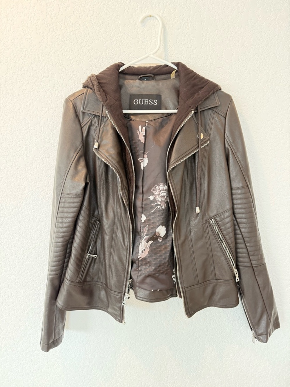 GUESS Brown Faux Leather Zip Moto Jacket with Hooded Liner